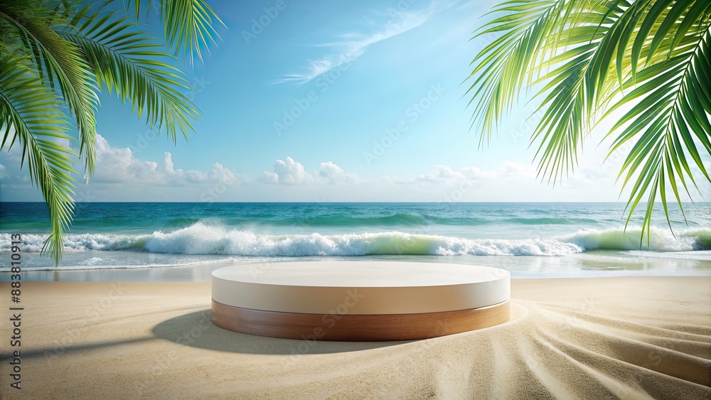 Obraz premium Abstract minimalist display podium with a summer beach scene, perfect for product or cosmetic presentations, render
