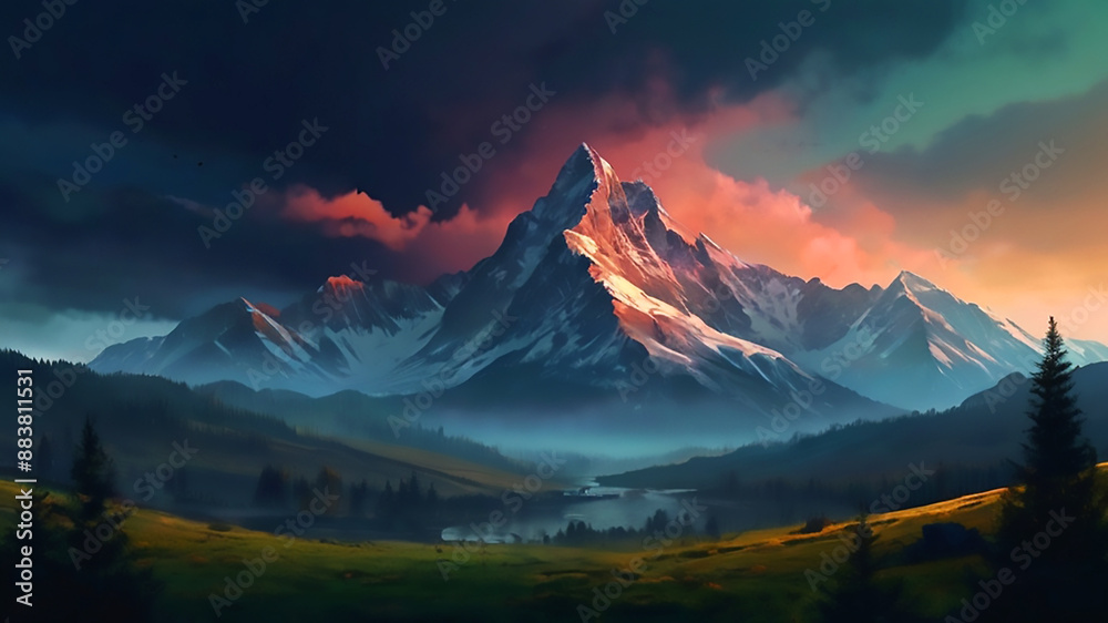 Naklejka premium Digital painting of a beautiful mountain dreamy landscape
