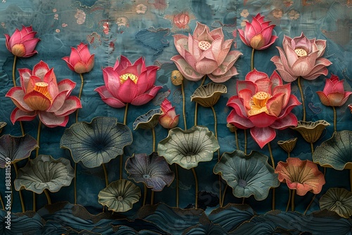 Lotus flowers painting on blue background.