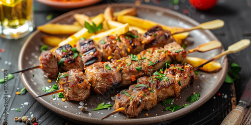 Souvlaki auf Teller mit Beilagen.