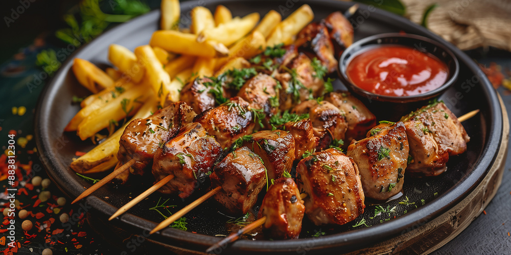 Souvlaki auf Teller mit Beilagen. Souvlaki auf Teller mit Beilagen.