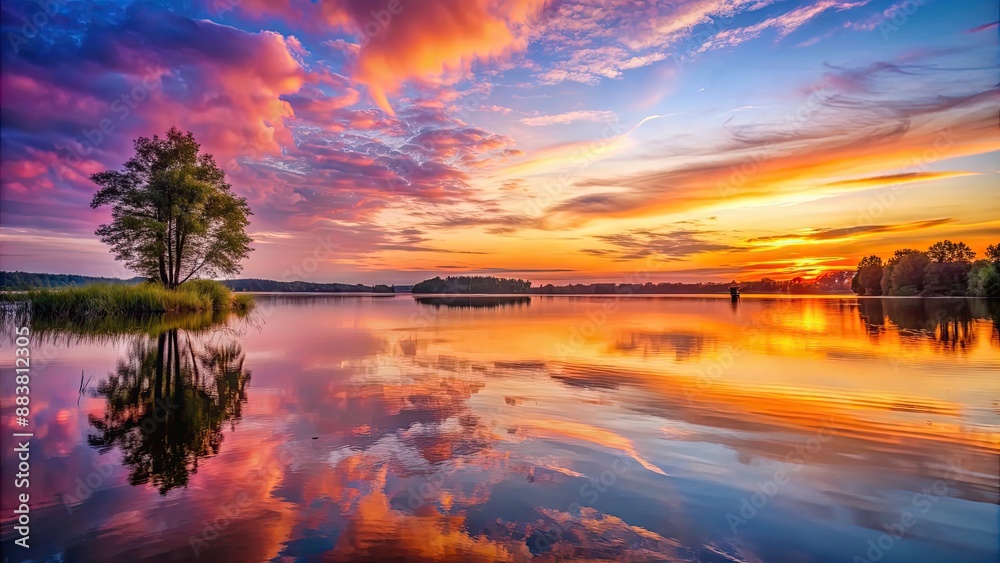 A calming image of a tranquil landscape at sunset with pink and orange hues reflecting on a still lake , peace, quiet, serene A calming image of a tranquil landscape at sunset with pink and orange hues reflecting on a still lake , peace, quiet, serene