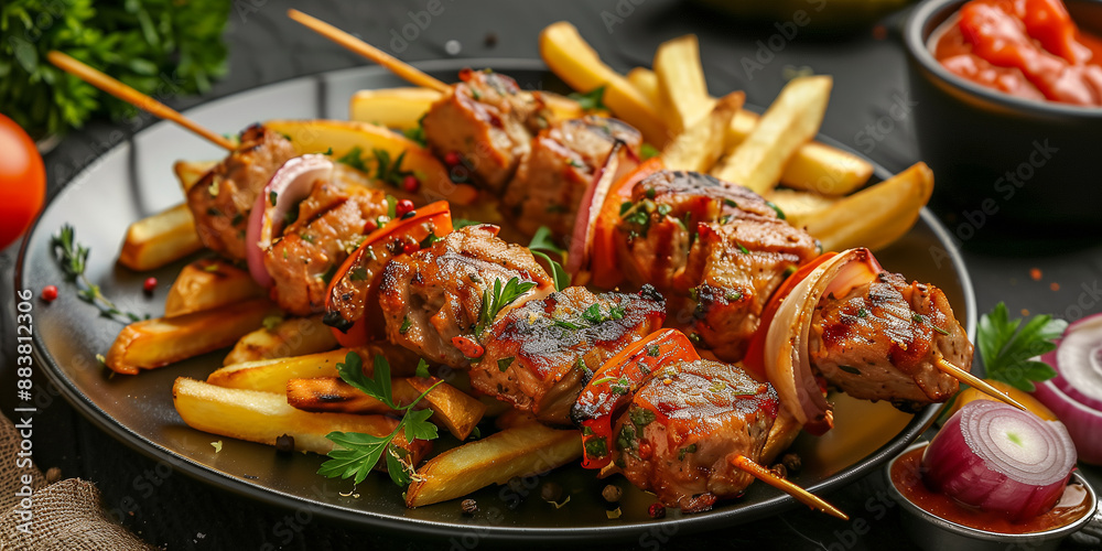 Souvlaki auf Teller mit Beilagen. Souvlaki auf Teller mit Beilagen.