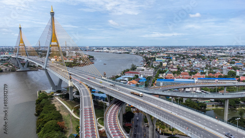 The industrial architecture of the Lat Pho Canal is impressive. The Bhumibol Bridges 1 & 2 curve and soar above you photo