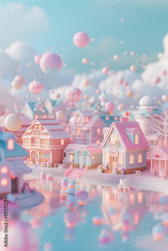 D abstract image of a cheerful pastel-colored town filled with cute elementsA 3D pastel-hued world with floating marshmallows  AI generated illustration