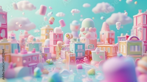 D abstract image of a cheerful pastel-colored town filled with cute elementsA 3D pastel-hued world with floating marshmallows AI generated illustration photo