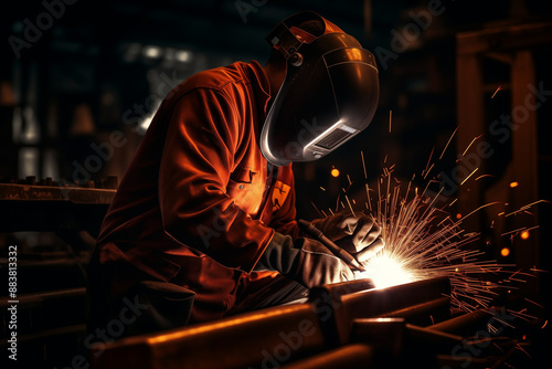 Welder at work with sparks flying in an industrial workshop