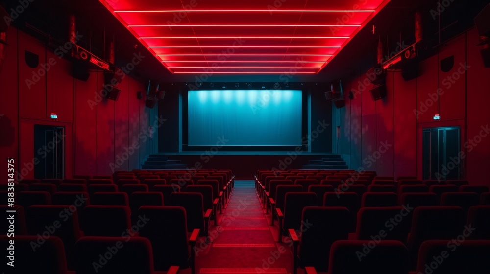 Fototapeta premium An empty movie theater with red lights and rows of seats