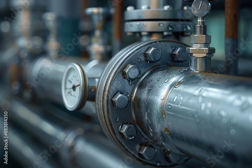 Close-up of industrial pipes with valves and gauges.