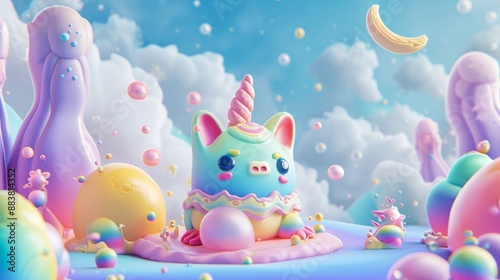 D-style abstract background featuring cute candy-colored mystical creatures  AI generated illustration © ArtStage