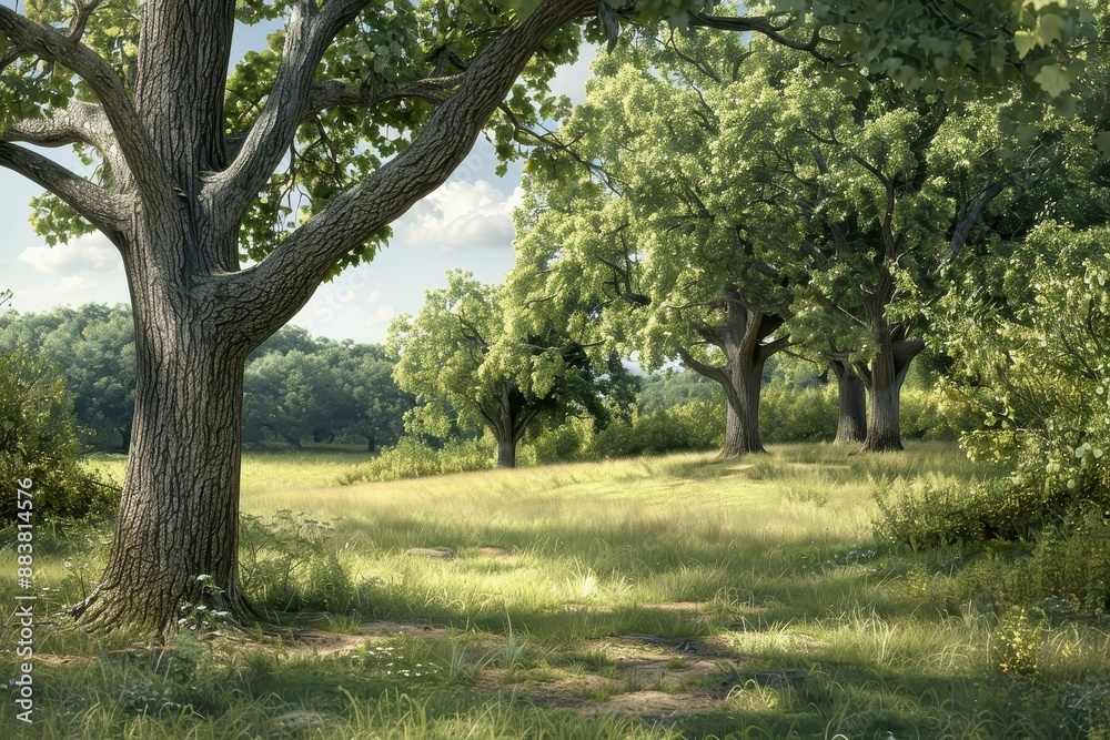 Panoramic view of an oak forest with sunlight filtering through the leaves. Panoramic view of an oak forest with sunlight filtering through the leaves.
