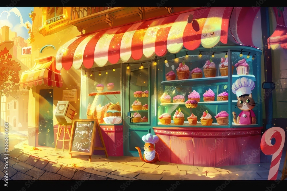 Fototapeta premium Sweet Dreams Bakery: Whimsical Storefront with a Cat Chef 