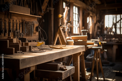 Traditional carpentry workshop with wooden tools and materials
