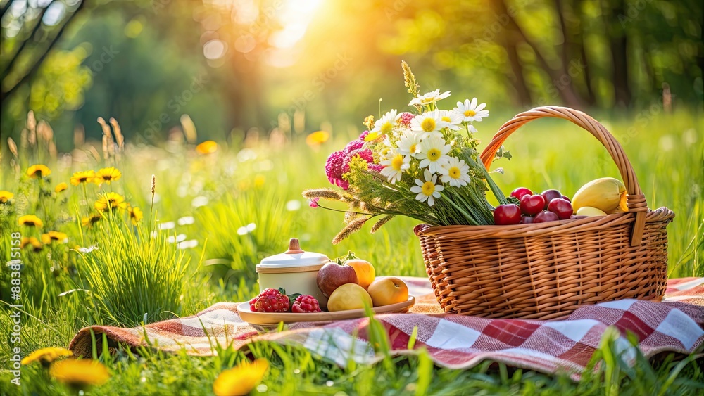 A picnic on a green meadow with a basket of fruits and flowers, picnic, green meadow, basket, fruits, vegetables, flowers A picnic on a green meadow with a basket of fruits and flowers, picnic, green meadow, basket, fruits, vegetables, flowers