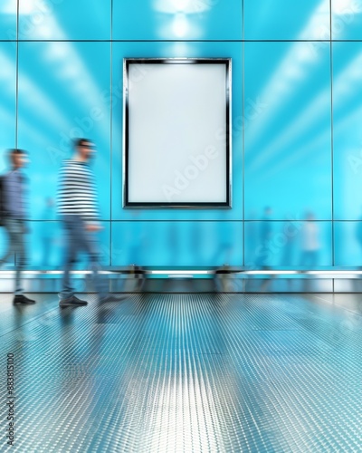 Futuristic Urban Setting with Motion Blur Pedestrians Passing a Mockup Frame on Soft Blue Metal Wall in Brightly Lit Minimalist Environment photo