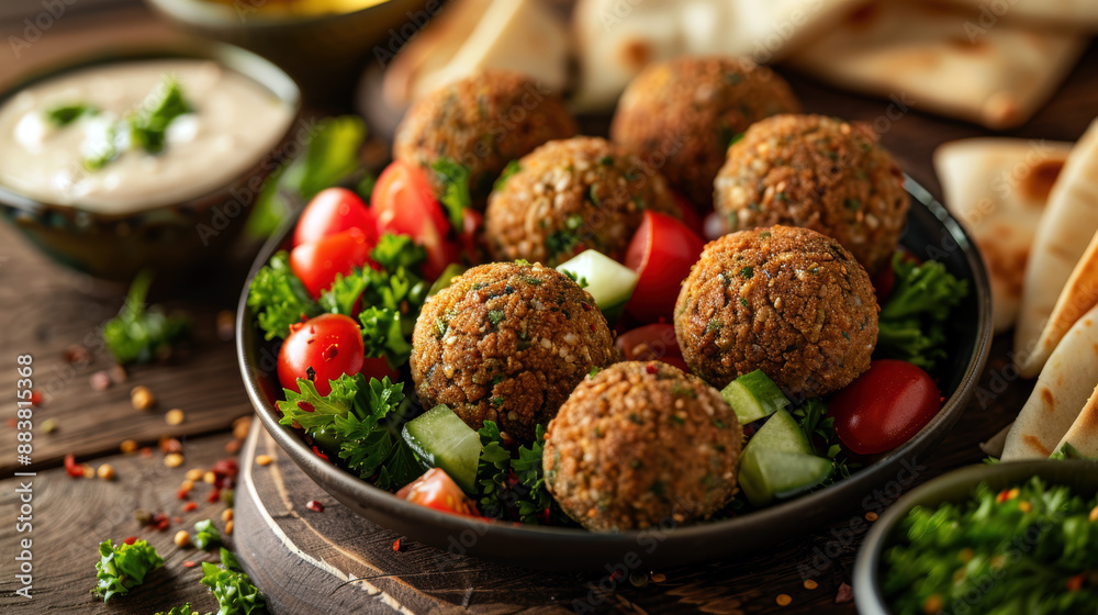 A plate of food with a variety of vegetables and meatballs A plate of food with a variety of vegetables and meatballs