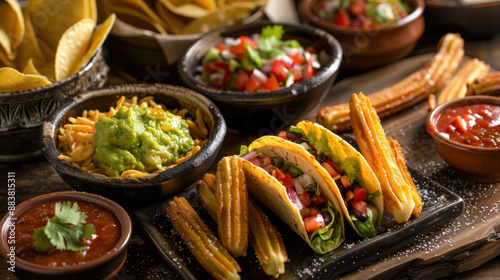 A table with a variety of Mexican food including tacos, chips, and salsa