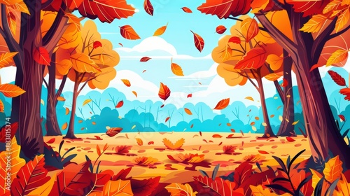 Vibrant autumn forest scene with colorful falling leaves, scenic landscape, and peaceful fall atmosphere under a clear blue sky.