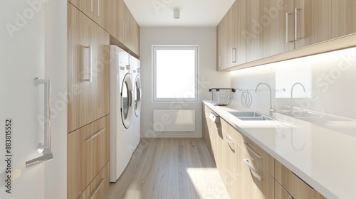 A laundry room with a sleek, Scandinavian design, showcasing light wood surfaces, white walls, and minimalist, energy-efficient appliances