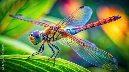 A close-up photo of a colorful dragonfly resting on a green leaf in a garden , insect, wings, nature, wildlife, vibrant, close-up