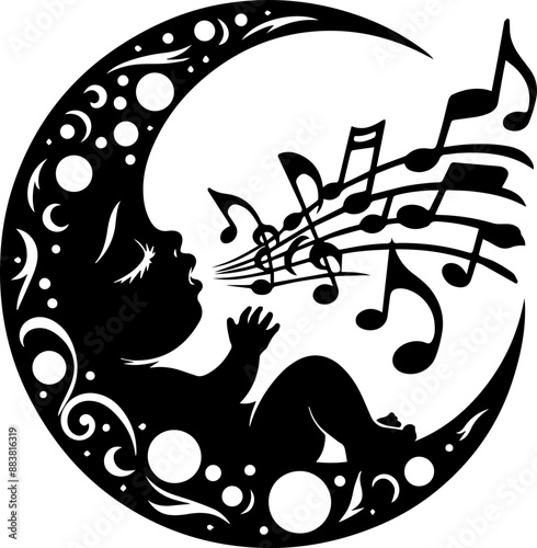 A baby silhouette sings musical notes while nestled in a crescent moon.