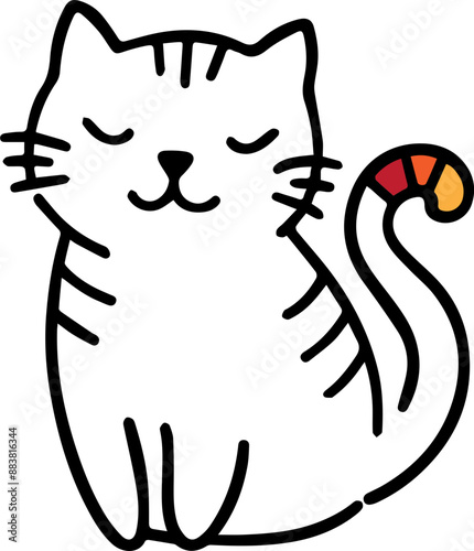 Cute cartoon cat with closed eyes and striped tail.  vector illustration.