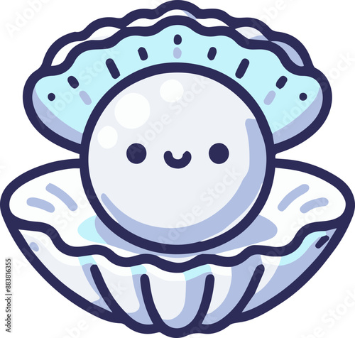 A cute cartoon pearl with a smiling face inside an open seashell.