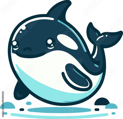 Cute cartoon orca whale with big eyes and a sad expression.  The orca is swimming in the ocean.