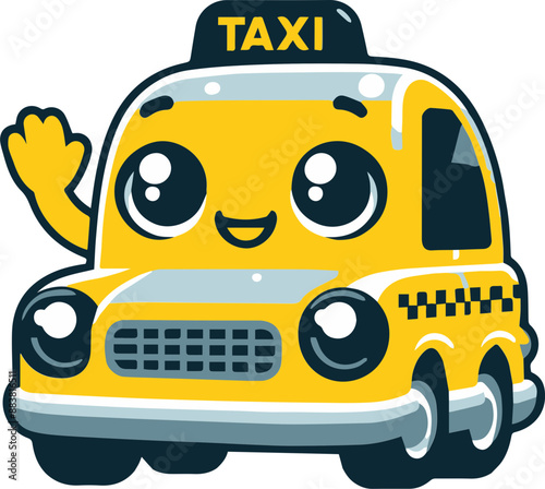 A cheerful yellow cartoon taxi waving with a big smile.