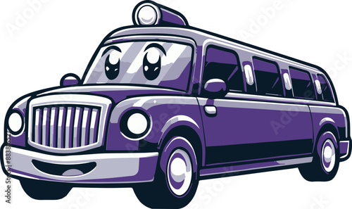 A cartoon limousine with a happy expression. The car is purple and has a light on top.  The limousine is isolated on a white background.