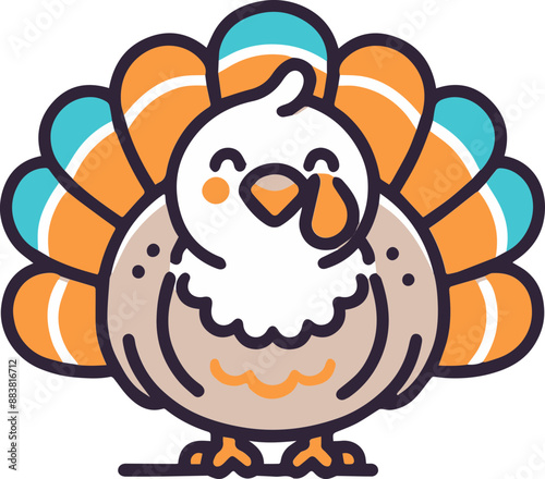 A cute cartoon turkey with orange and blue feathers.