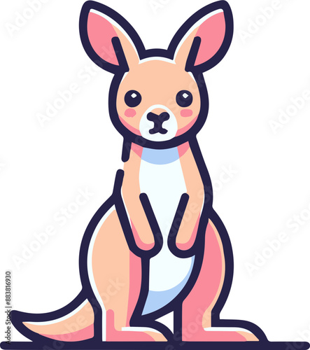 A cute cartoon kangaroo with pink fur and big ears stands on a white background.