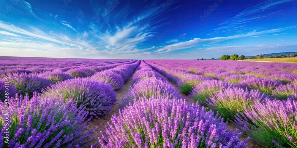Obraz premium A beautiful field of purple lavender flowers blooming under a clear blue sky, lavender, field, flowers, purple, nature