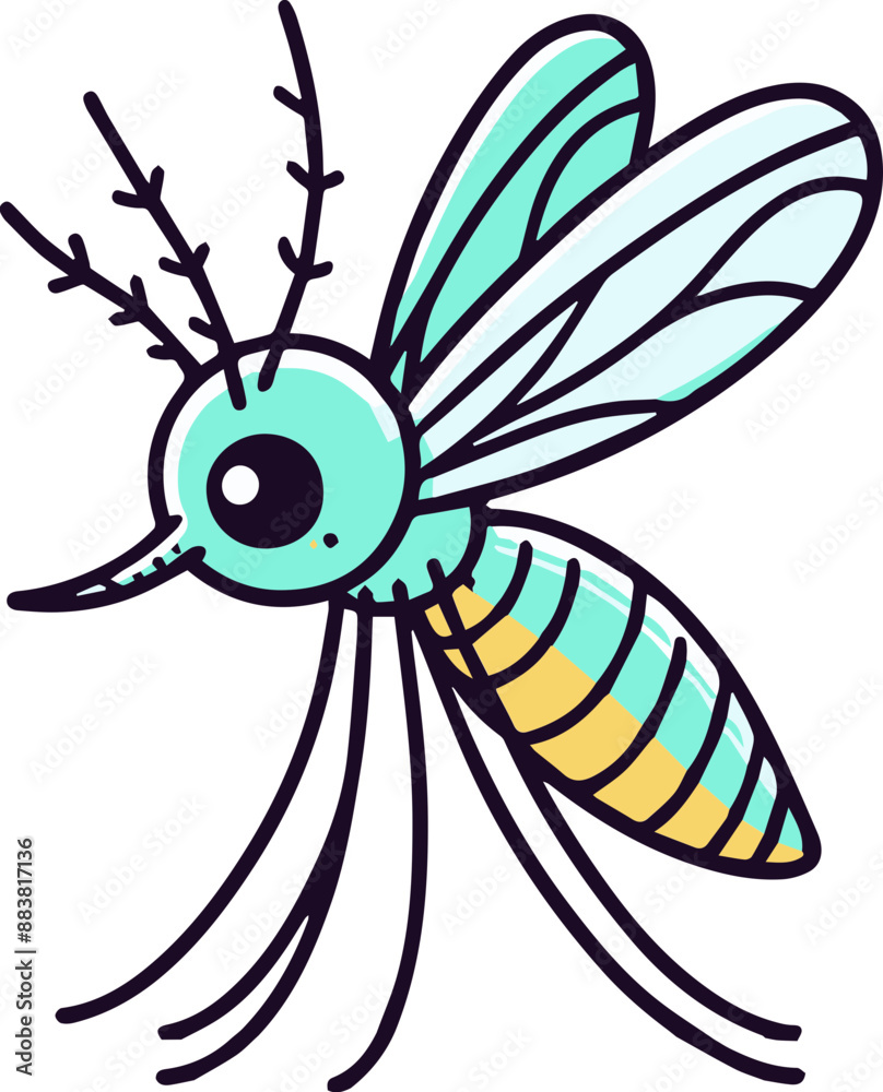 A cartoon illustration of a mosquito with large eyes and striped body. A cartoon illustration of a mosquito with large eyes and striped body.