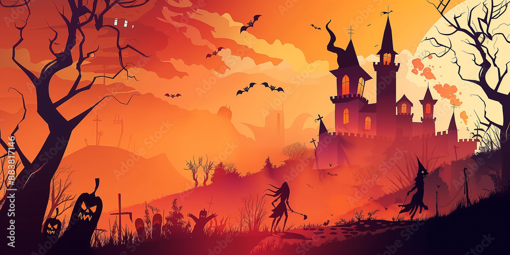Halloween Haus mit Figuren als Hintergrundmotiv Halloween Haus mit Figuren als Hintergrundmotiv
