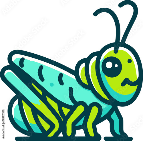 A cartoon illustration of a green grasshopper with big eyes.  The grasshopper is facing forward and is drawn in a simple, cute style.