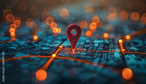 A red pin on the map of an urban city with orange lights, representing travel and local search for location data or maps photo