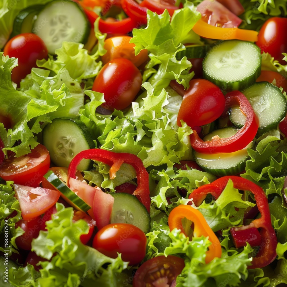 Crisp green lettuce, juicy red tomatoes, and fresh cucumber slices tossed in a bowl, a vibrant healthy salad for a light lunch or dinner Crisp green lettuce, juicy red tomatoes, and fresh cucumber slices tossed in a bowl, a vibrant healthy salad for a light lunch or dinner