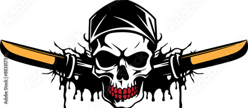 A skull with a bandana, holding two swords in a dangerous pose.