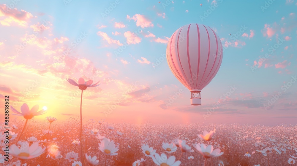 Obraz premium hot air balloon going over a field of daisies in the pastel sky AI generated illustration