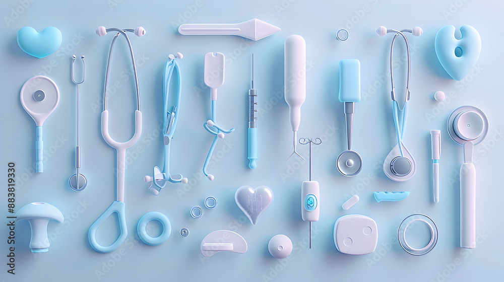 3D Flat Icon: Sterile Medical Instruments with ISO13485 Badge on Dreamy Background 3D Flat Icon: Sterile Medical Instruments with ISO13485 Badge on Dreamy Background