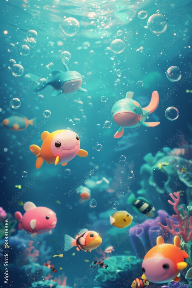 Fototapeta premium underwater scene with cute sea creatures and bubbles AI generated illustration