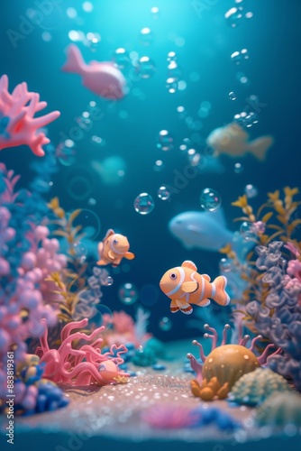 underwater scene with cute sea creatures and bubbles AI generated illustration