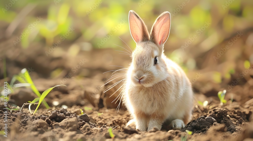 Fototapeta premium Cute small rabbit in dirt ears up and avoided eyes