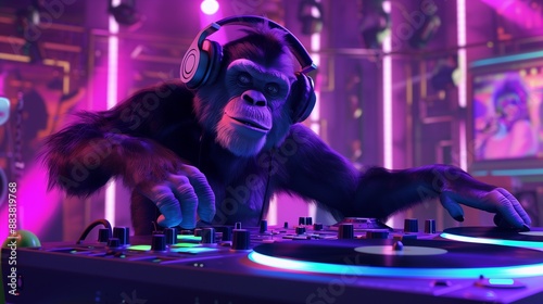 A funny monkey DJ stands at a high-tech turntable console, spinning records at a vibrant disco EDM party in a night club. 
