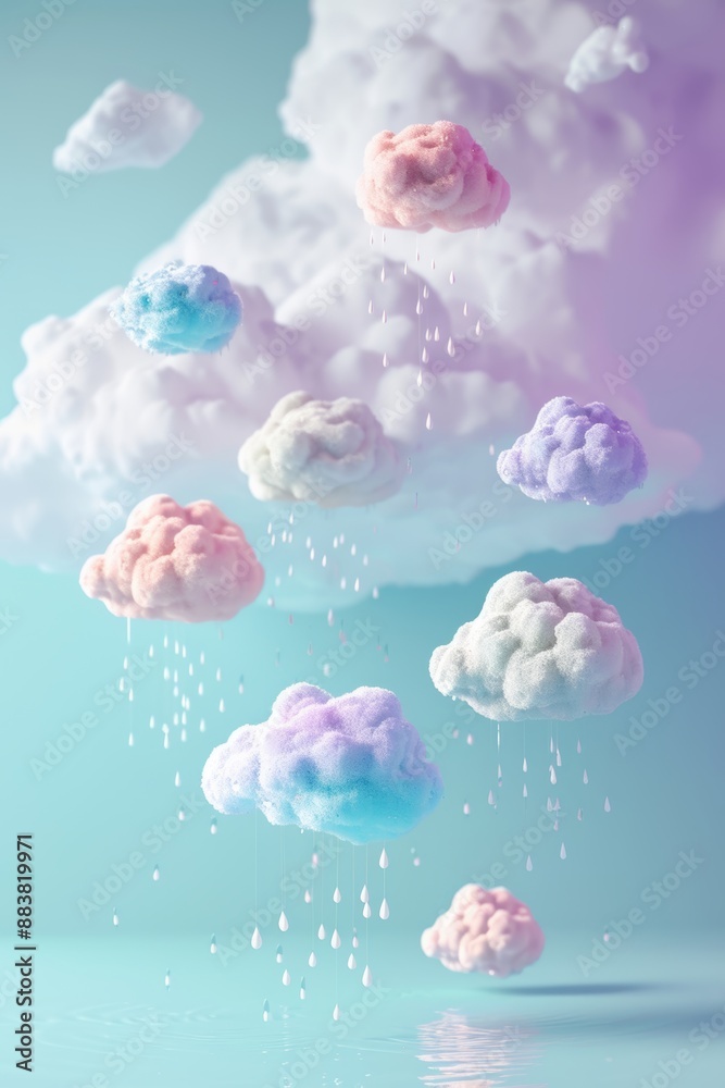 world of pastel raindrops falling from fluffy white clouds AI generated illustration world of pastel raindrops falling from fluffy white clouds AI generated illustration