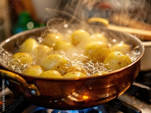 Potatoes being cooked in a pan, with steam rising from the surface.