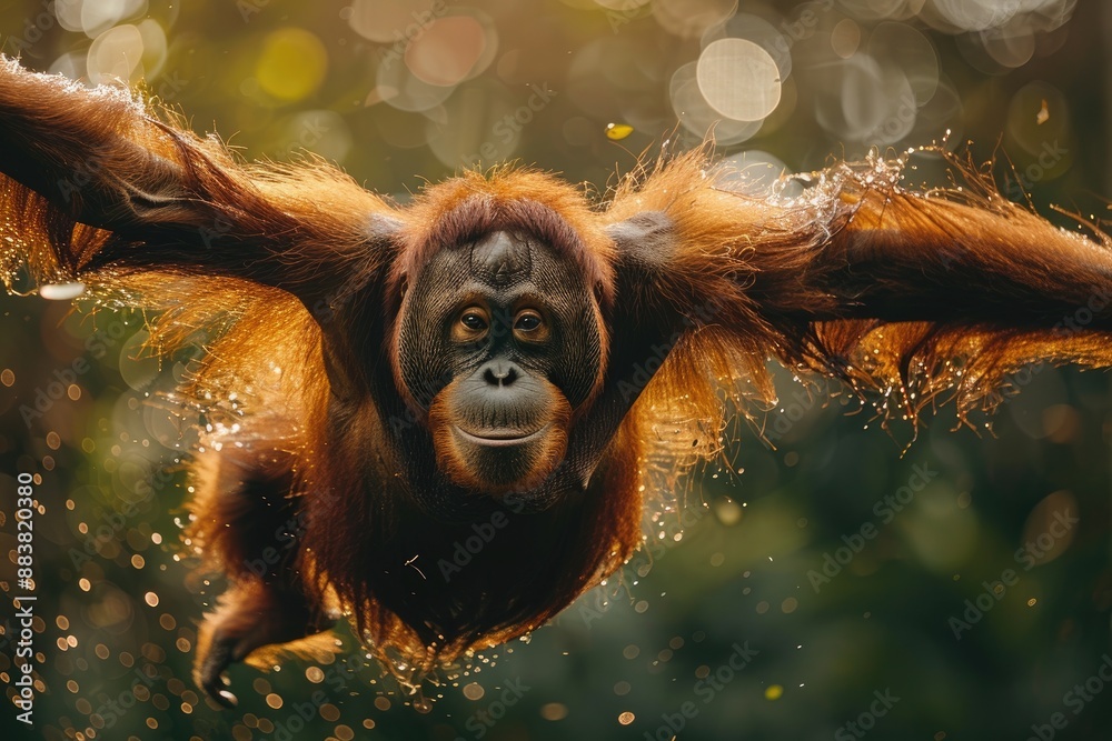 Obraz premium Male orangutan clings to a tree branch, basking in the bright sunlight that filters through the lush green leaves of a tropical forest, showcasing nature's beauty and vitality.