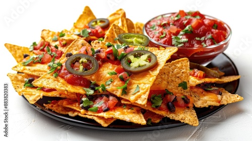 A delicious plate of crispy nachos topped with melted cheese, fresh diced tomatoes. Perfect for a snack or party.