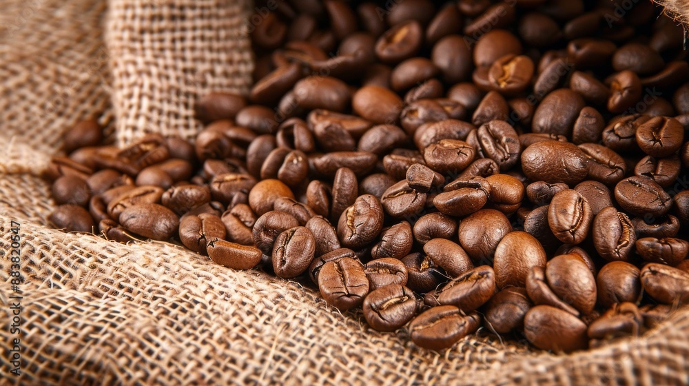 A close-up of roasted brown coffee beans with a rich texture spilling from a burlap sack A close-up of roasted brown coffee beans with a rich texture spilling from a burlap sack